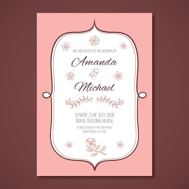 Vector invitación de boda en color rosa y floral.