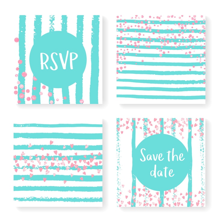 Vector invitación de boda con confeti brillante y rayas. corazones rosas y puntos sobre fondo blanco y menta. plantilla con invitación de boda para fiesta, evento, despedida de soltera, guardar la tarjeta de fecha.