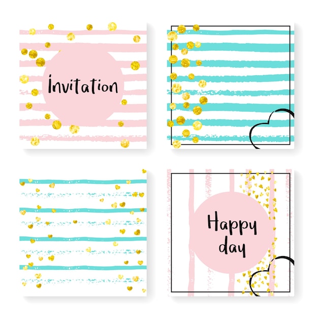 Invitación de boda con confeti brillante y rayas. Puntos y corazones de oro sobre fondo rosa y menta. Diseño con invitación de boda para fiesta, evento, despedida de soltera, guardar la tarjeta de fecha.