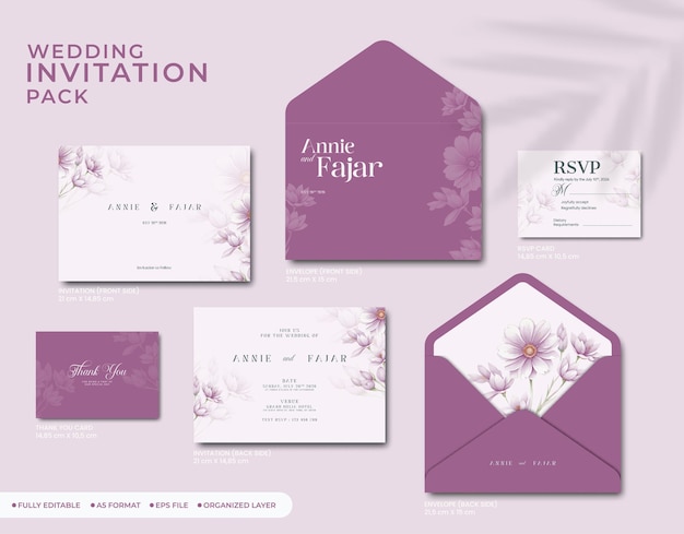 Vector invitación de boda conjunto completo con flores acuarela vector premium