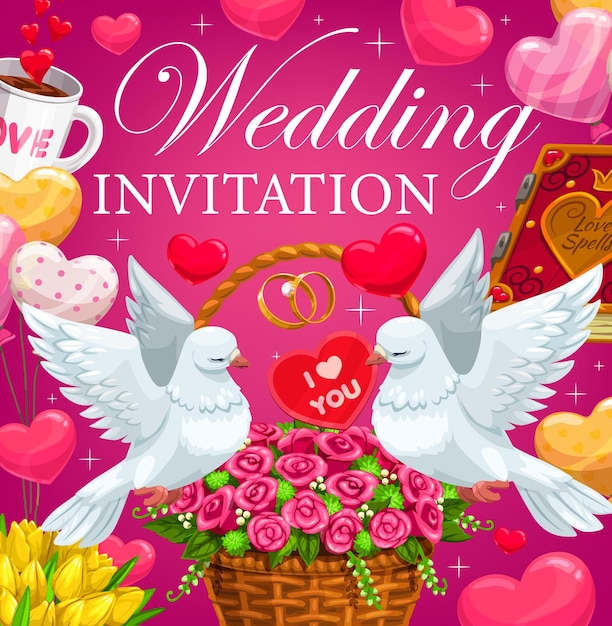 Invitación de boda con corazones, flores y regalos.
