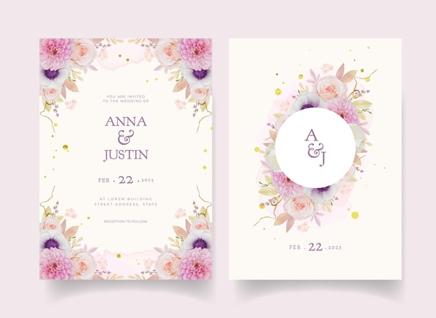 Invitación de boda con dalia rosa acuarela y flor de anémona