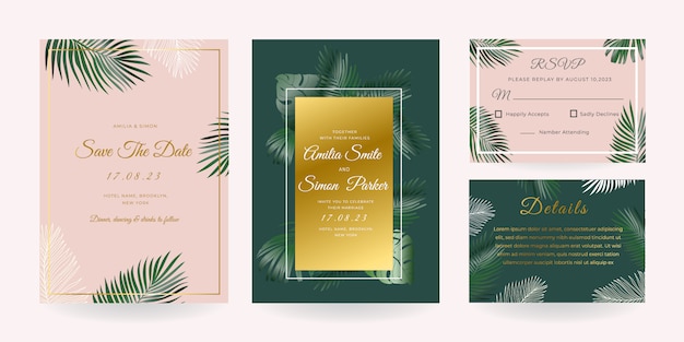 Invitación de boda, detalles y tarjeta rsvp vector