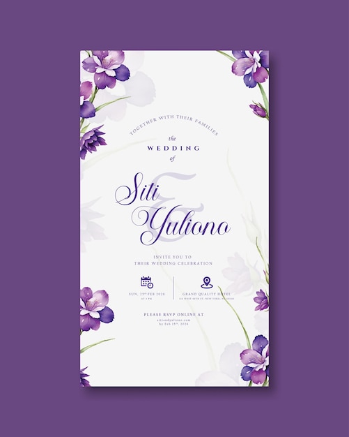 invitación de boda digital con acuarela de flor morada