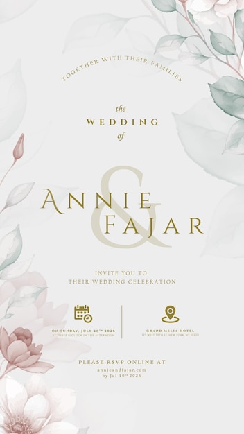 Invitación de boda digital con acuarela de flores ilustración de vector de primera calidad