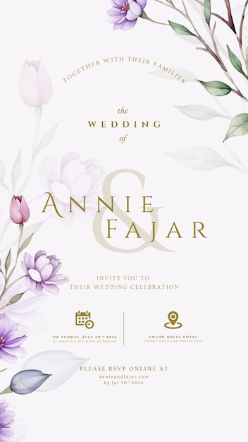 Invitación de boda digital con acuarela de flores ilustración de vector de primera calidad