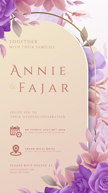 invitación de boda digital con vector premium de acuarela de flores