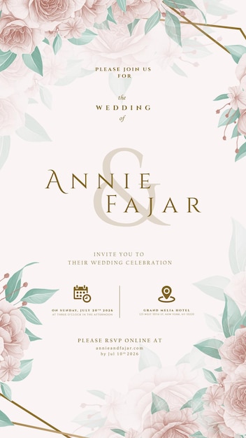 invitación de boda digital con vector premium de acuarela de flores