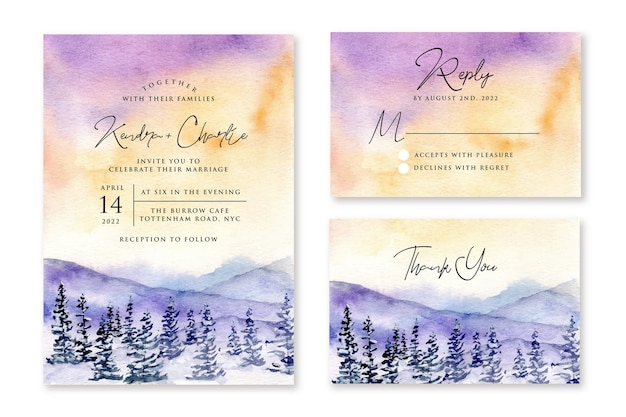 Invitación de boda con diseño de acuarela de paisaje de invierno