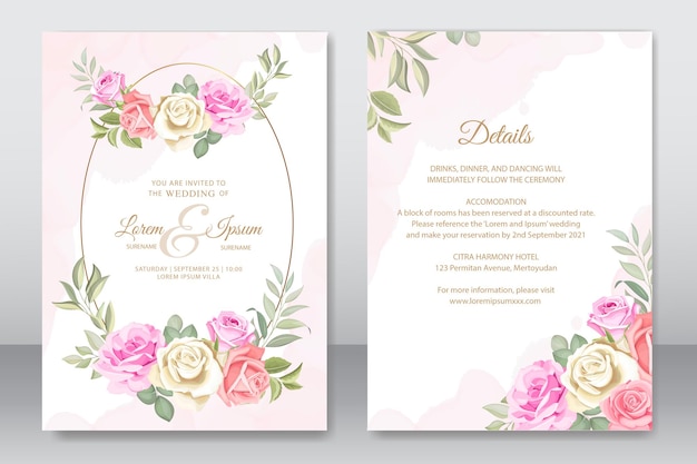 Invitación de boda con diseño de hojas y rosas.