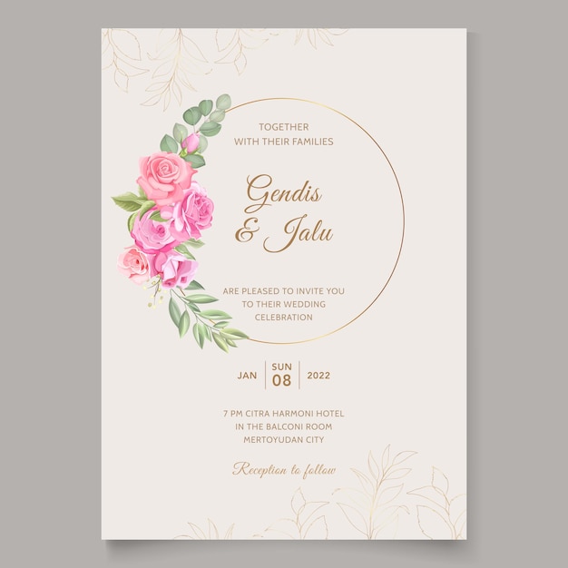 Invitación de boda con diseño de hojas y rosas.