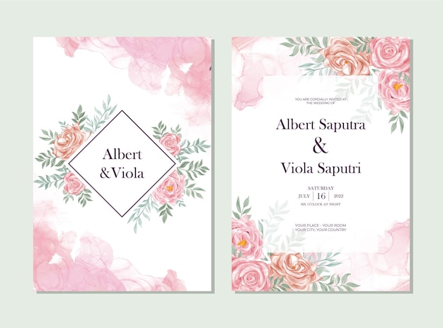 Invitación de boda elegante con acuarela de flor rosa