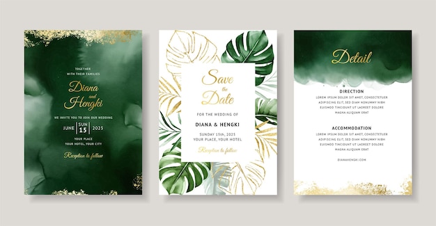 Invitación de boda elegante con acuarela verde tropical