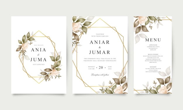 Vector invitación de boda elegante con arreglo floral y geométrico dorado