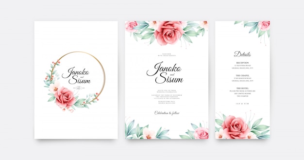 Invitación de boda elegante conjunto plantilla con rosas flowes acuarela