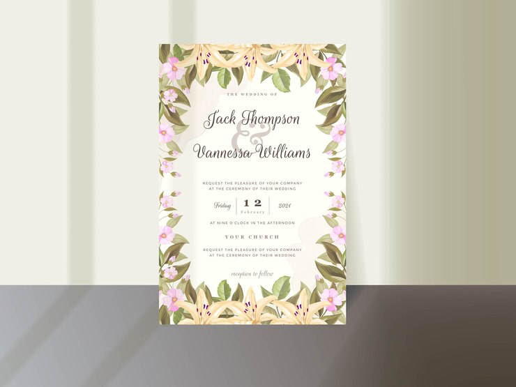 Vector invitación de boda elegante con flor de lirio y hoja