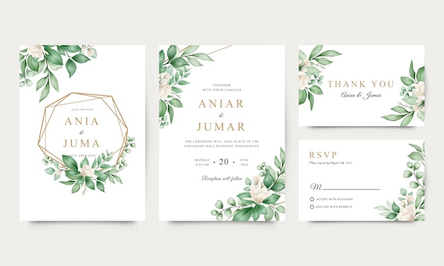 Vector invitación de boda elegante con flores y hojas de acuarela.