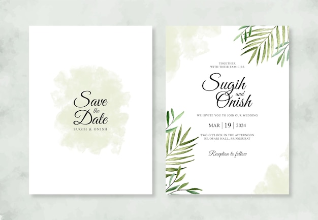 Invitación de boda elegante con follaje de acuarela pintado a mano