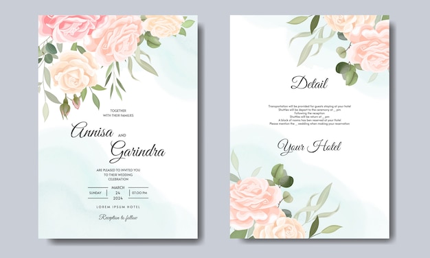 Invitación de boda elegante con hermosa plantilla floral y hojas premium vector