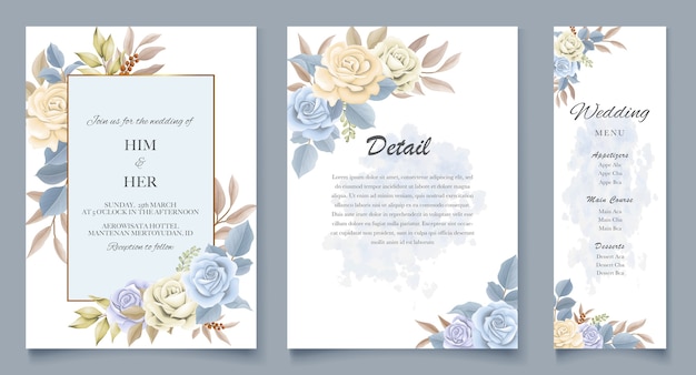 Invitación de boda elegante hermosa suave floral y hojas