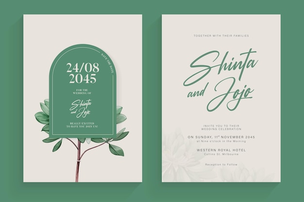 Invitación de boda estética con arreglo de hojas verdes en acuarela