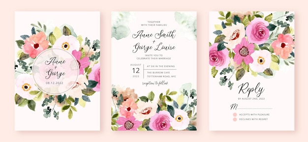 Invitación de boda con flor rosa acuarela jardín