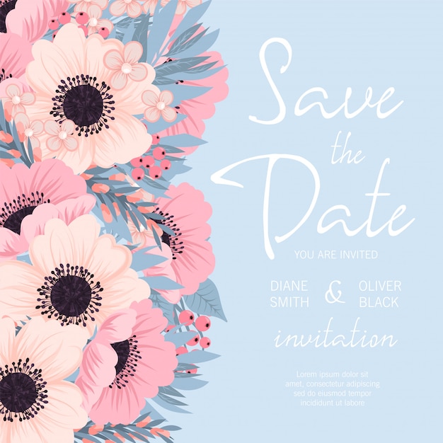 Invitación de boda con flor rosa y azul.