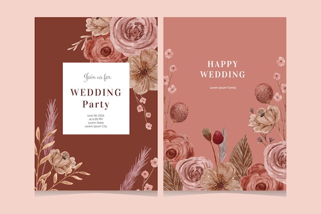 invitación de boda con flor seca acuarela ilustración digital