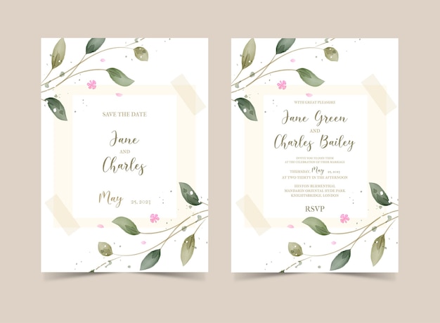 Invitación de boda floral acuarela verde, diseño de tarjeta de plantilla en estilo rústico