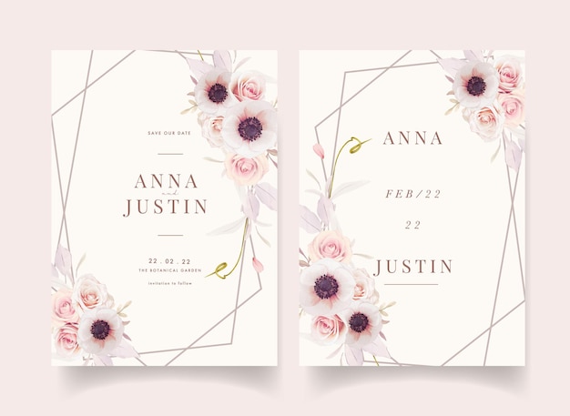 Invitación de boda floral con acuarelas rosas y flor de anémonas
