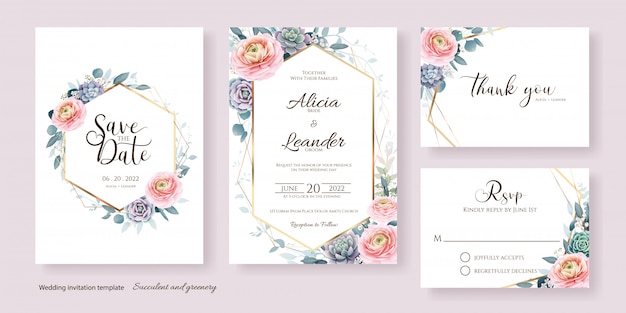 Vector invitación de boda floral, ahorre la fecha, gracias, plantilla de tarjeta rsvp.