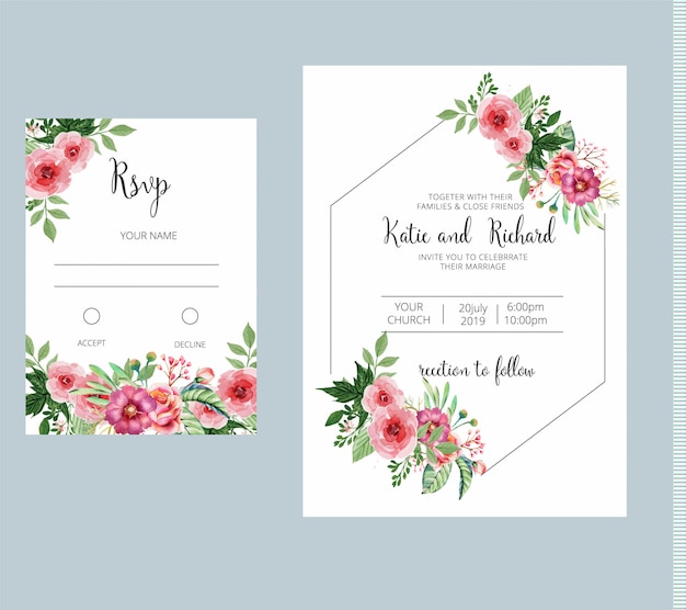 Invitación de boda floral y conjunto de plantillas de tarjeta de rsvp