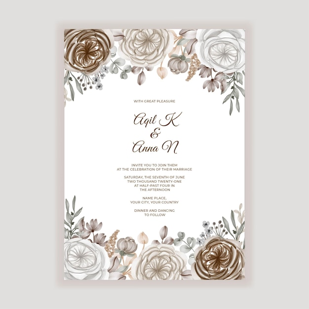 Vector invitación de boda floral con decoración de flores de caramelo marrón