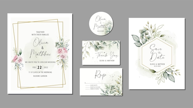 Vector invitación de boda floral elegante acuarela dibujada a mano