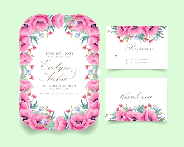 Invitación de boda floral con flor de amapola y eucalipto