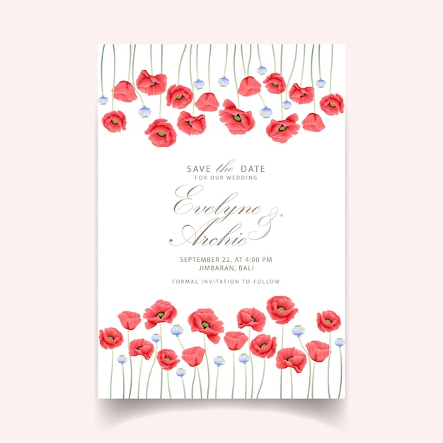 Invitación de boda floral con flor de amapola