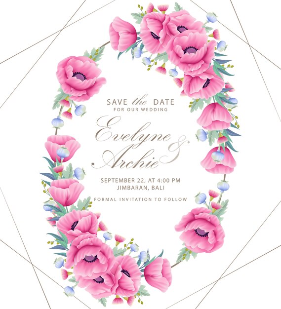 Invitación de boda floral con flor de amapola