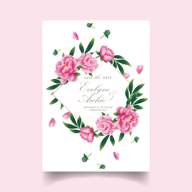 Invitación de boda floral con flor de peonía.