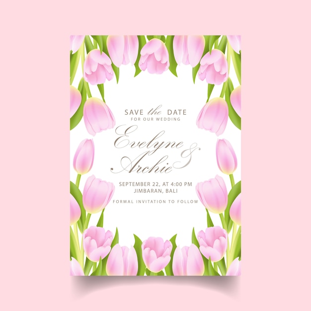 Invitación de boda floral con flor de tulipán rosa