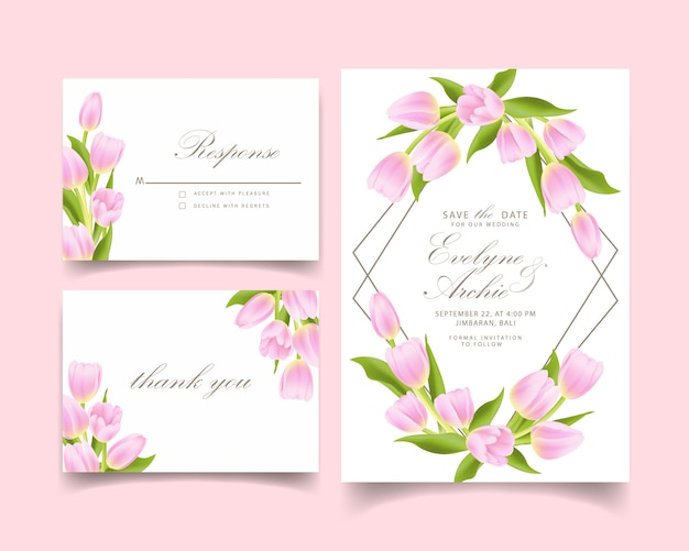 Invitación de boda floral con flor de tulipán rosa