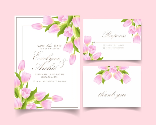 Invitación de boda floral con flor de tulipán rosa