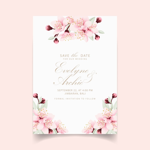 Invitación de boda floral con flores de cerezo.