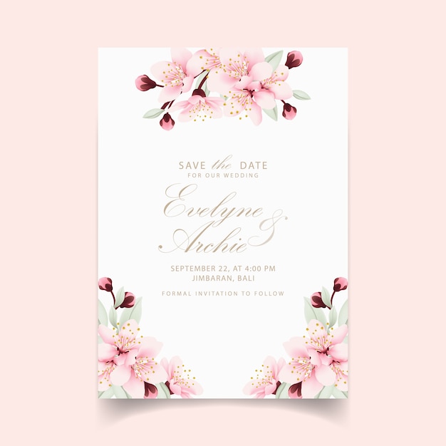 Vector invitación de boda floral con flores de cerezo.