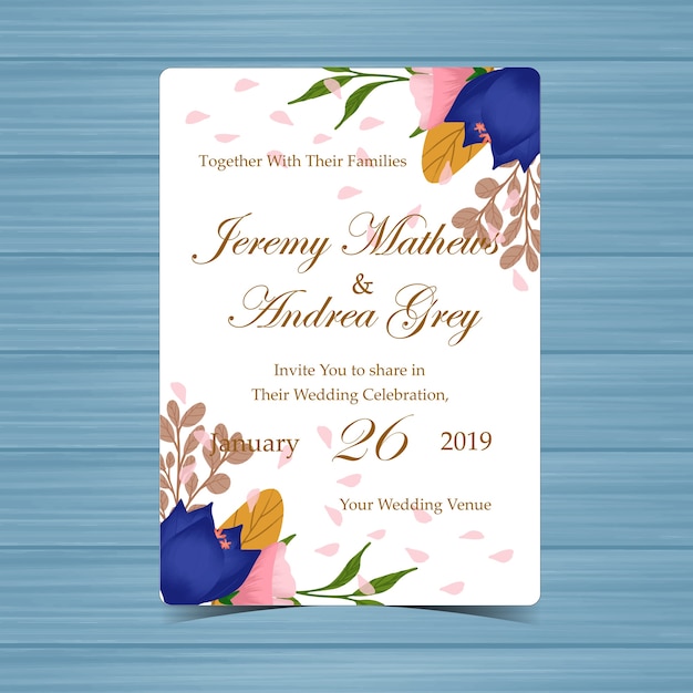 Invitación de boda floral con flores y hojas de otoño