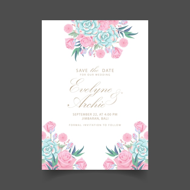 Invitación de boda floral con flores de rosas y suculentas.
