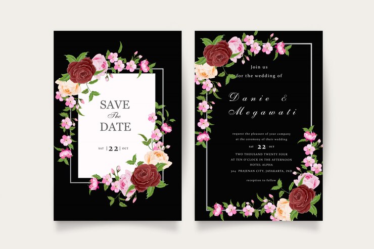 Invitación de boda floral granate romántica
