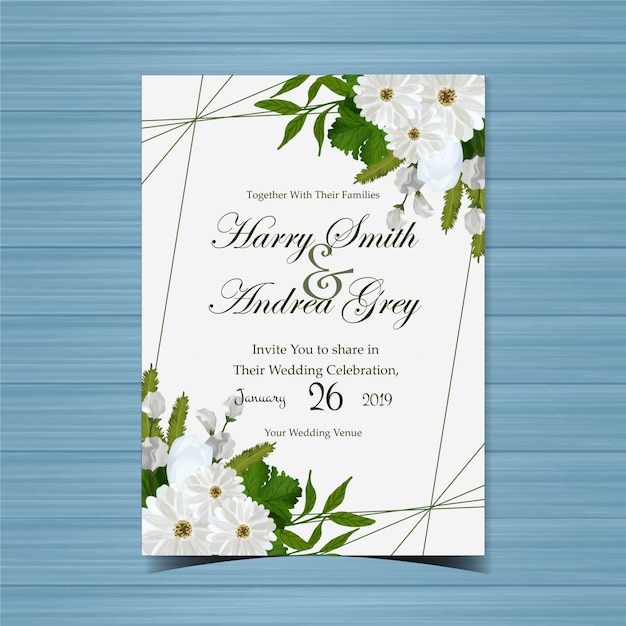Vector invitación de boda floral con hermosas flores blancas