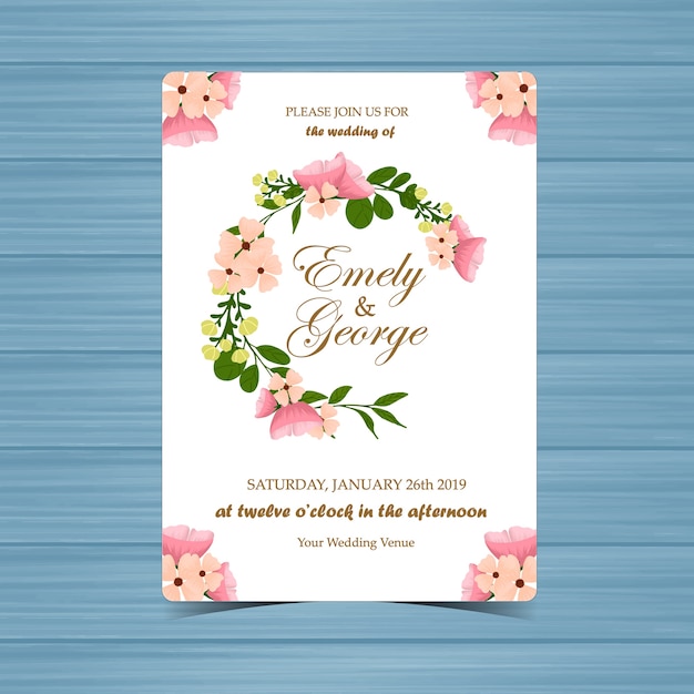 Invitación de boda floral con hermosas flores rosadas