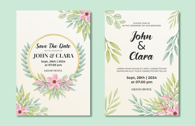 Vector invitación de boda floral o guarde la plantilla de tarjeta de fecha con un hermoso borde de corona