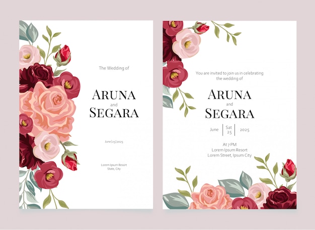 Invitación de boda floral rosa hermosa plantilla de tarjeta de conjunto